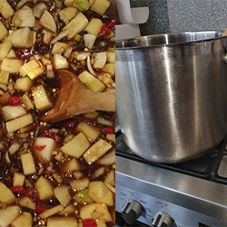 collage with photo of large pot and ingredients cooked after 30 minutes